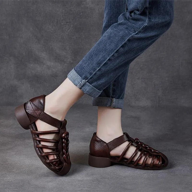 Handmade Leather Gladiator Sandals Retro Woven in Coffee/Black