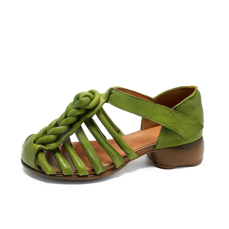 Handmade Leather Gladiator Sandals Retro Woven in Off White/Camel/Green