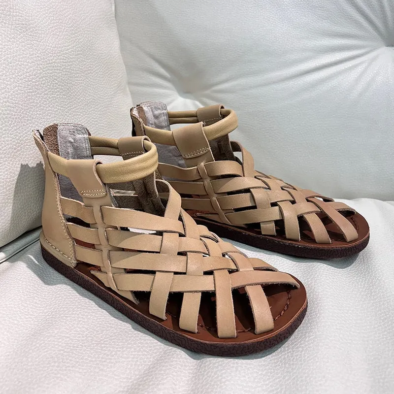 Handmade Leather Gladiator Sandals Retro Woven Open-toe Flat Shoes in Coffee/Brown/Apricot