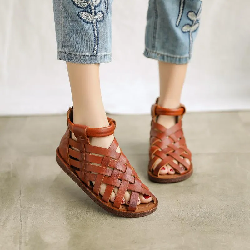 Handmade Leather Gladiator Sandals Retro Woven Open-toe Flat Shoes in Coffee/Brown/Apricot