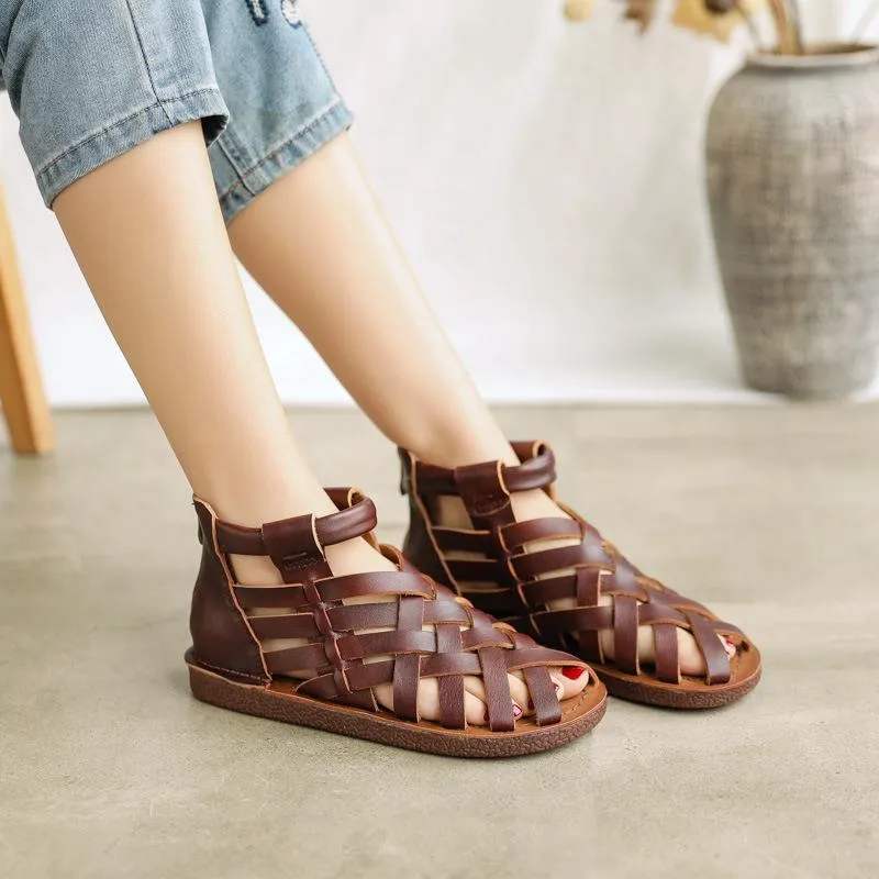 Handmade Leather Gladiator Sandals Retro Woven Open-toe Flat Shoes in Coffee/Brown/Apricot