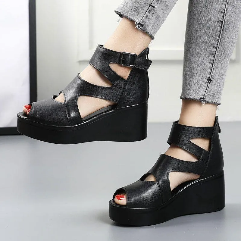 Handmade Leather Women's Casual Shoes GCSG32 Flat Platform Sandals