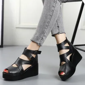 Handmade Leather Women's Casual Shoes GCSG32 Flat Platform Sandals