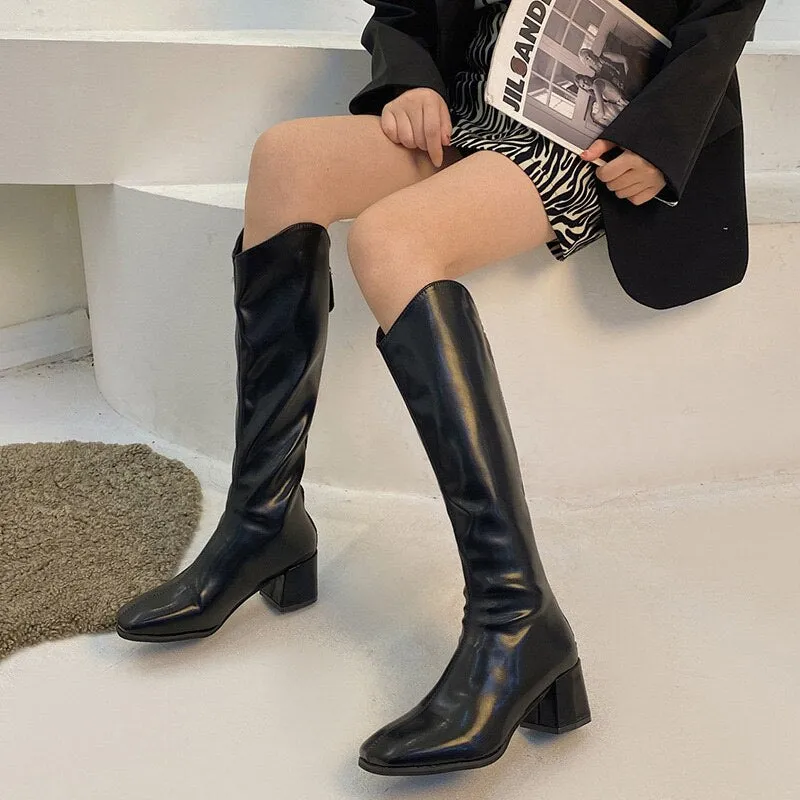 High Heels Fashion Women Long Boots Square Toe PU Leather Soft Ladies Knee-high Boot Autumn Platform Female Over The Knee Boots