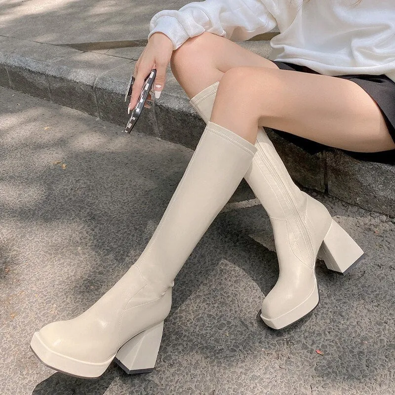 High Heels Fashion Women Long Boots Square Toe PU Leather Soft Ladies Knee-high Boot Autumn Platform Female Over The Knee Boots