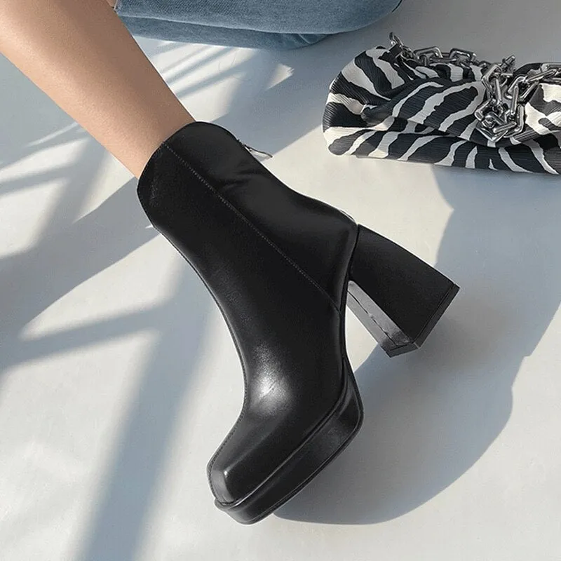 High Heels Fashion Women Long Boots Square Toe PU Leather Soft Ladies Knee-high Boot Autumn Platform Female Over The Knee Boots