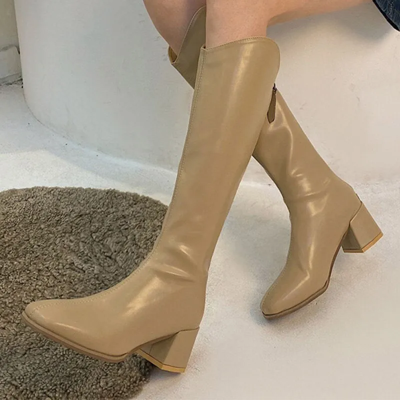 High Heels Fashion Women Long Boots Square Toe PU Leather Soft Ladies Knee-high Boot Autumn Platform Female Over The Knee Boots