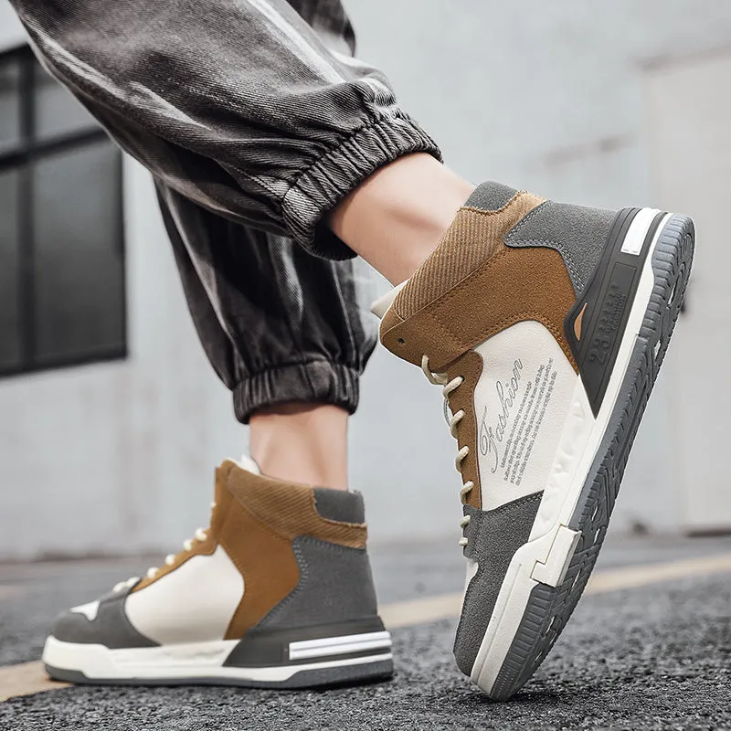 High Top Split Leather Mixed Color Sneakers