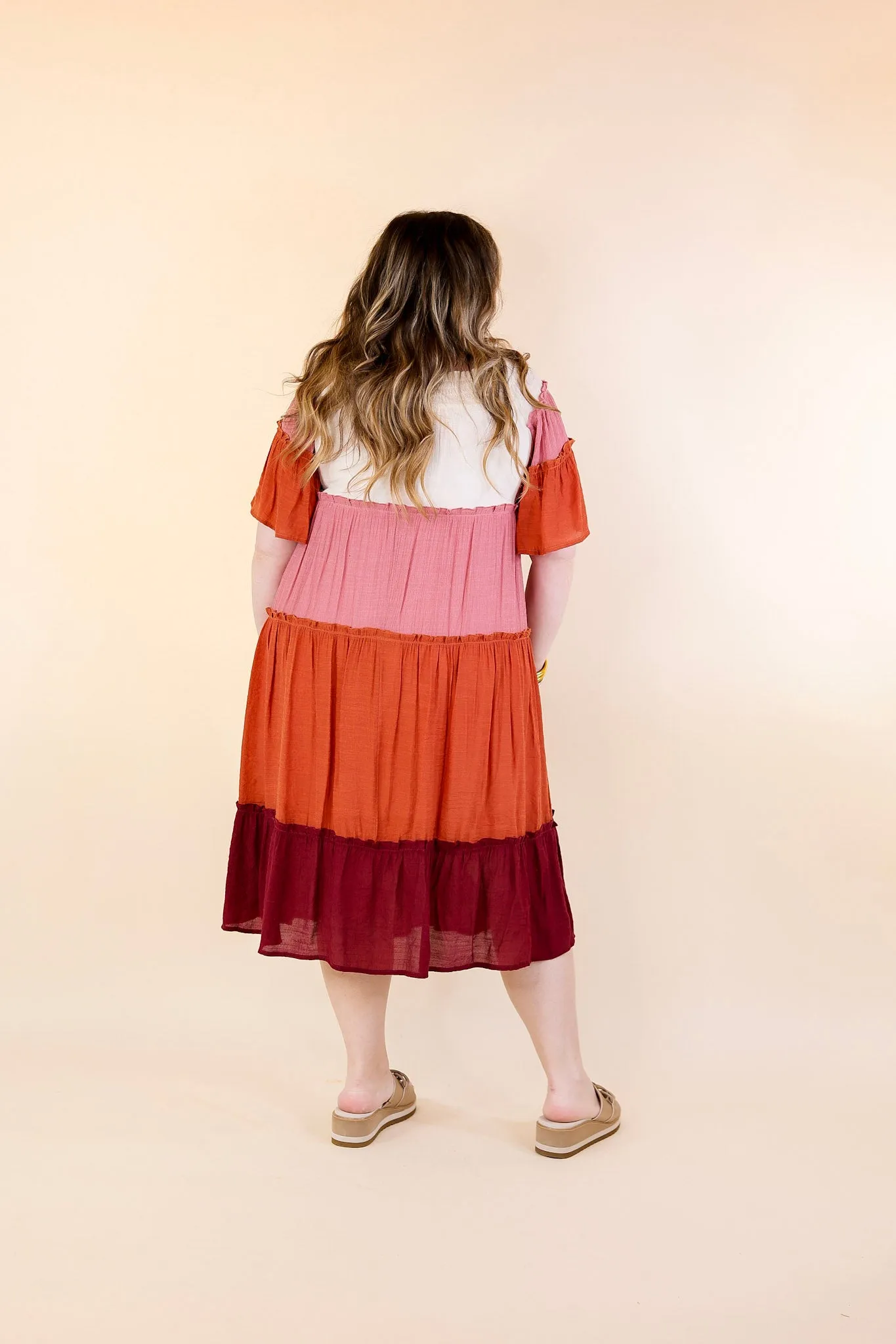 In the Villa Color Block Off the Shoulder Midi Dress in Ivory, Rust, Mauve, and Maroon