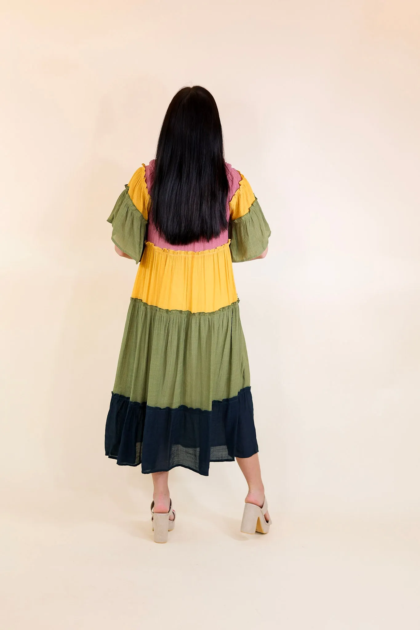 In the Villa Color Block Off the Shoulder Midi Dress in Mustard, Olive, Mauve, and Navy