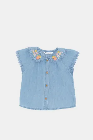 Infant Girls Blue Embroidered Buttoned Top