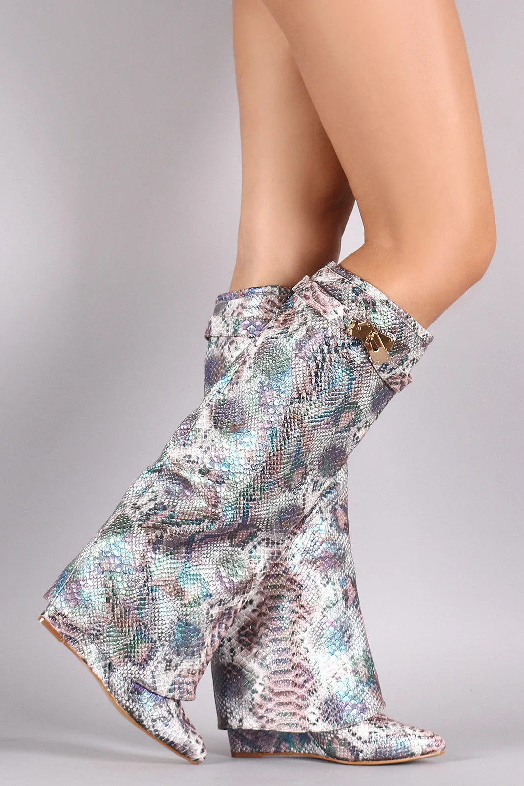 Iridescent Snake Print Fold Down Shaft Knee High Wedge Boots