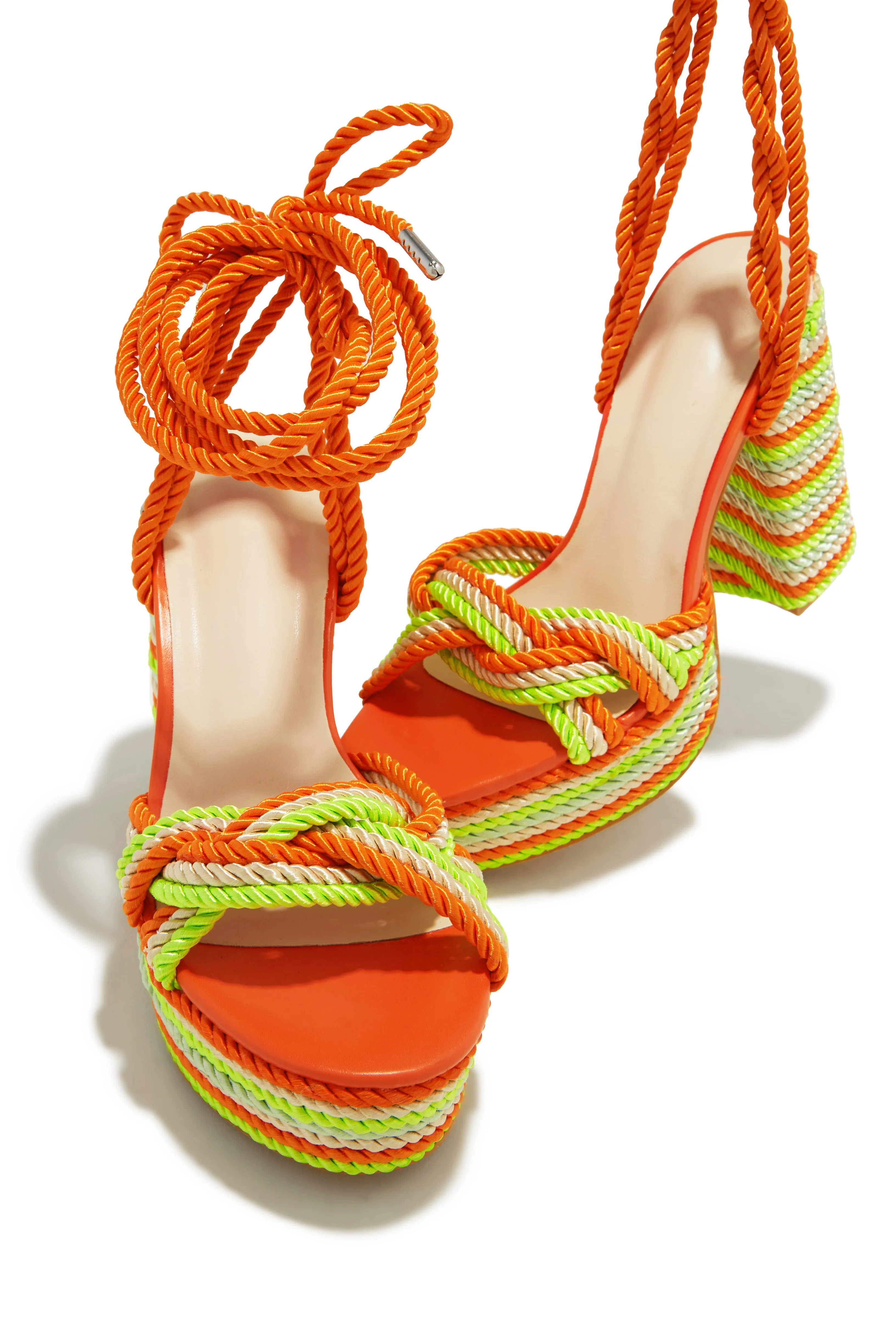 Jadin Lace Up Platform Block Heels - Orange Multi