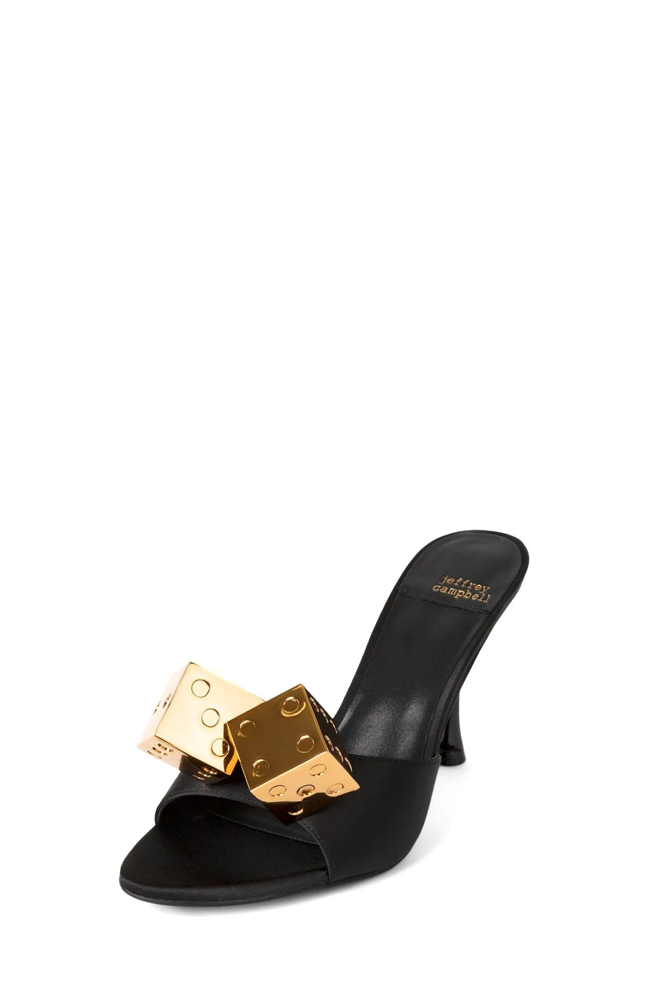 Jeffrey Campbell Dice Heels in Black Satin Gold