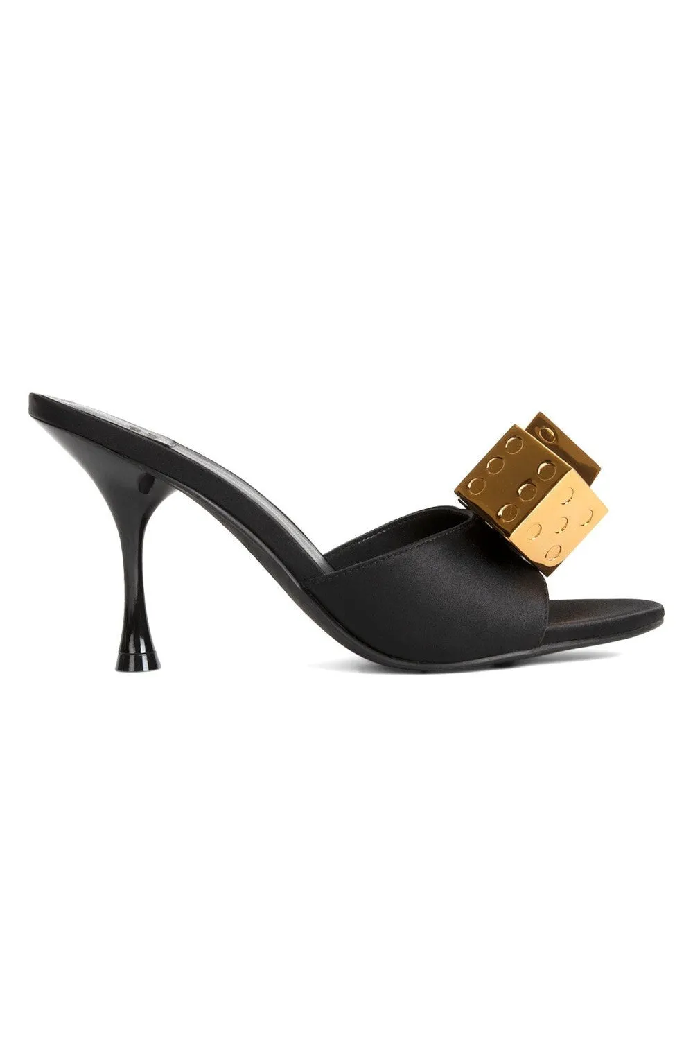 Jeffrey Campbell Dice Heels in Black Satin Gold