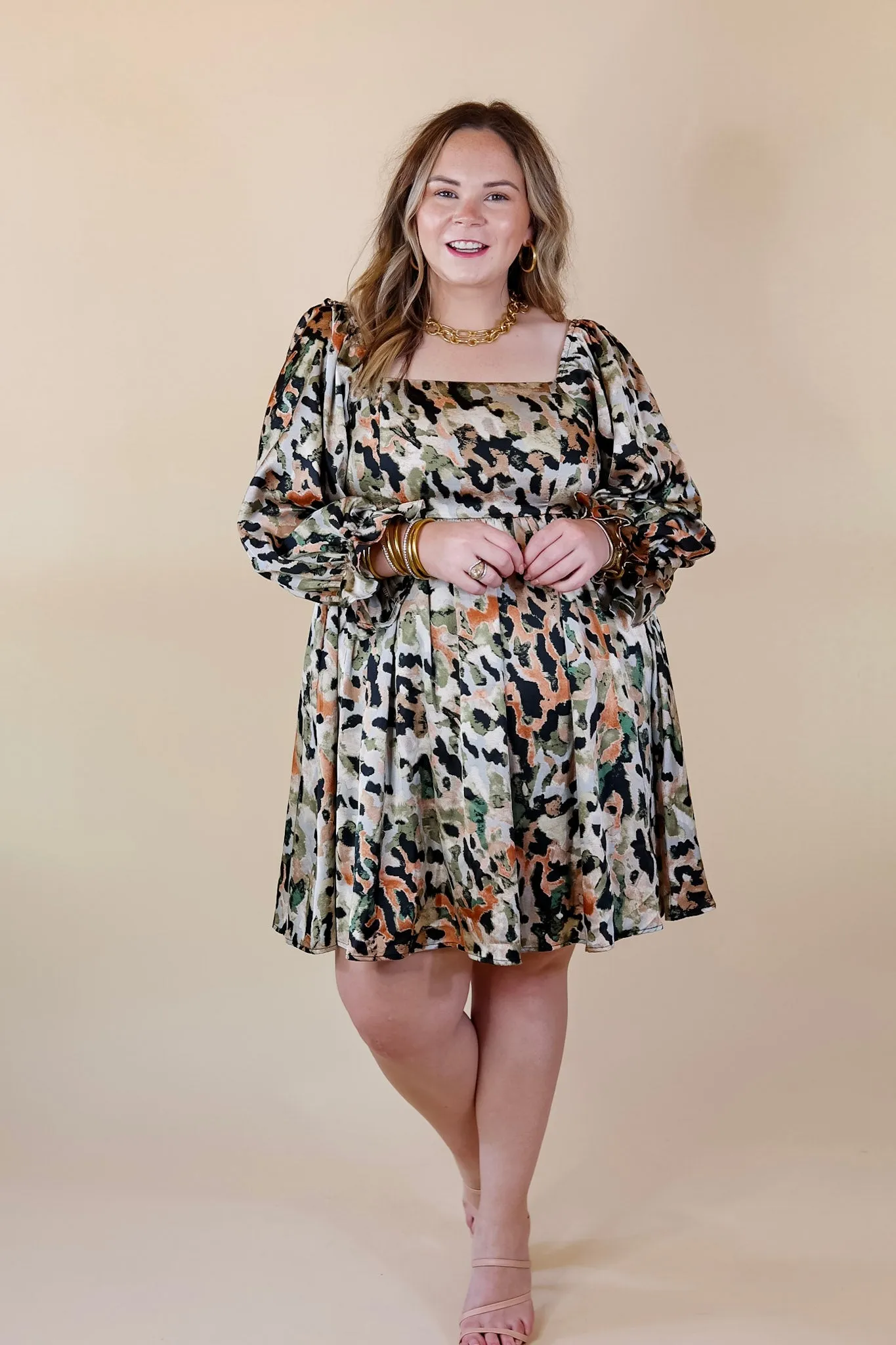 Last Chance Size Medium & XL | Feeling Fine Satin Watercolor Print Dress with 3/4 Sleeves in Olive Mix