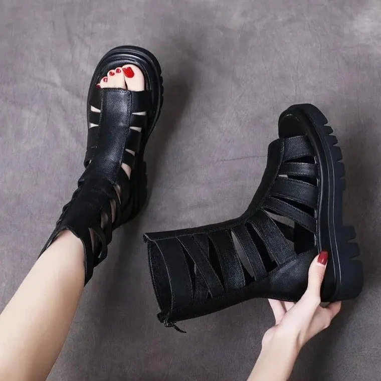 LZ339 Women's Black Leather Casual Shoes: Boots, Gladiator Sandals, Flats