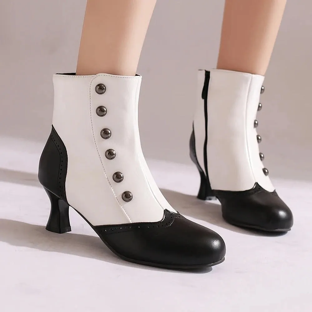 Merendy Juwana Round toe Kitten Heel Retro White Panda Victorian boots