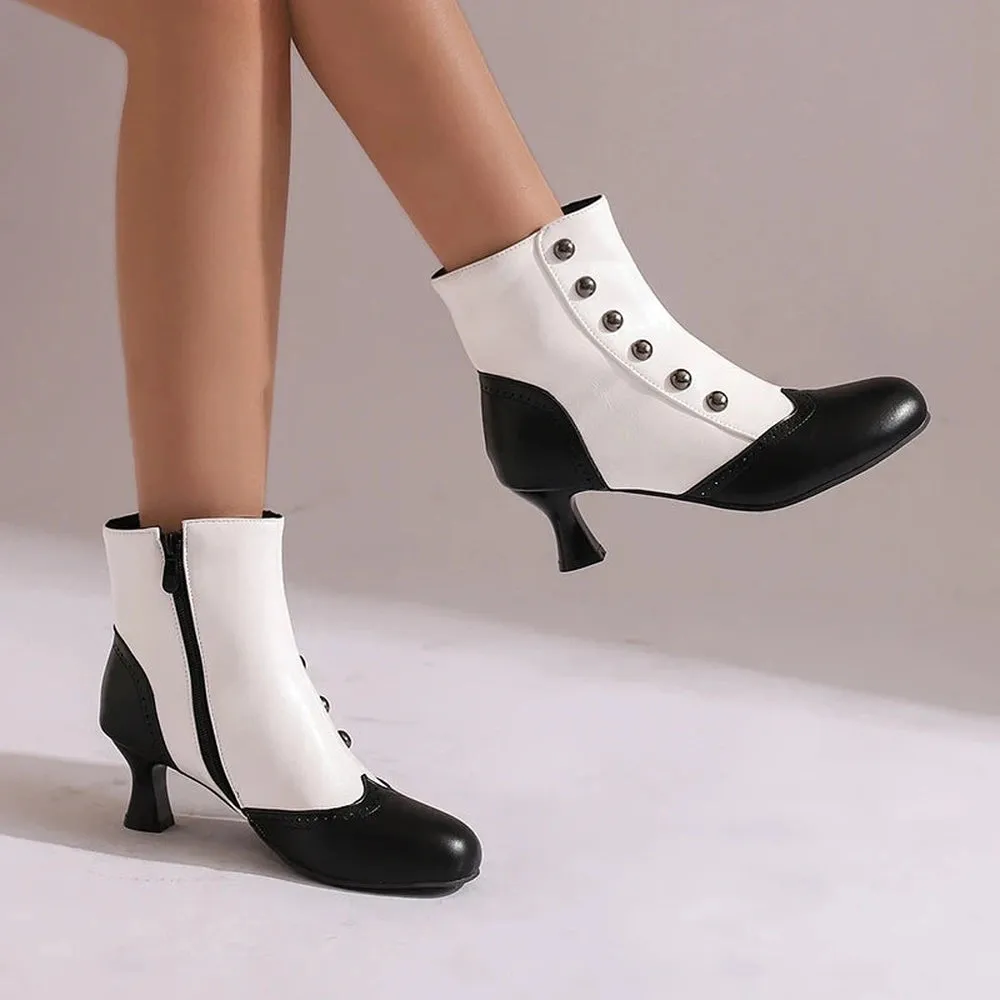 Merendy Juwana Round toe Kitten Heel Retro White Panda Victorian boots