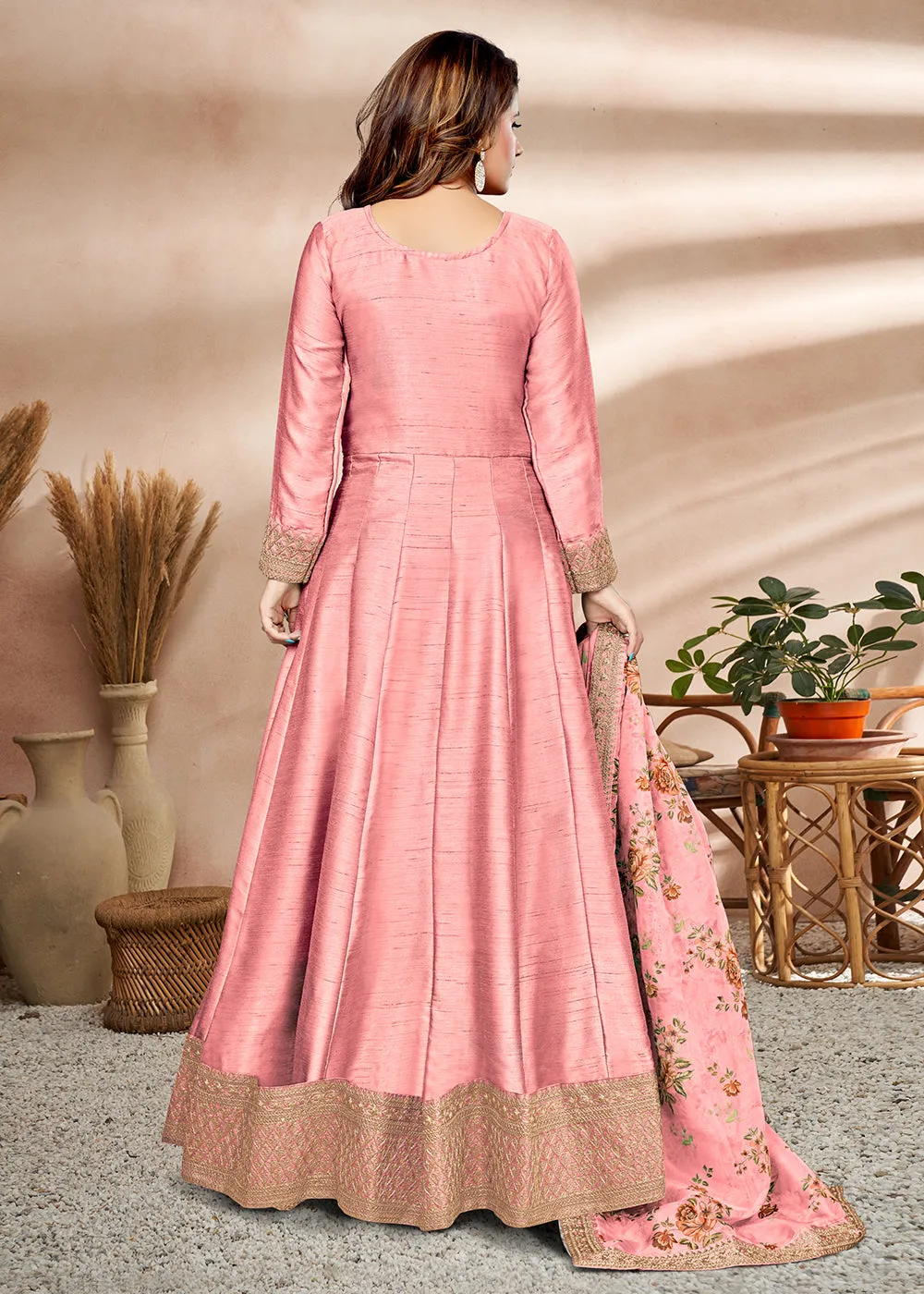 Pretty Pink Art Silk Embellished Wedding & Party Wear Anarkali