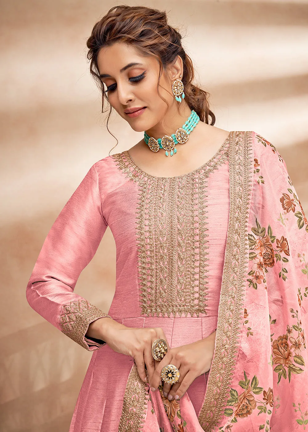 Pretty Pink Art Silk Embellished Wedding & Party Wear Anarkali