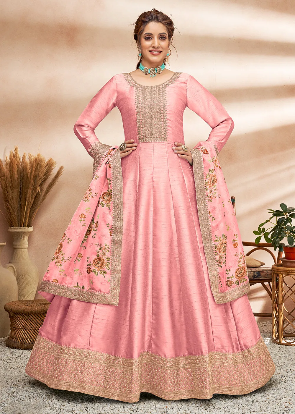 Pretty Pink Art Silk Embellished Wedding & Party Wear Anarkali