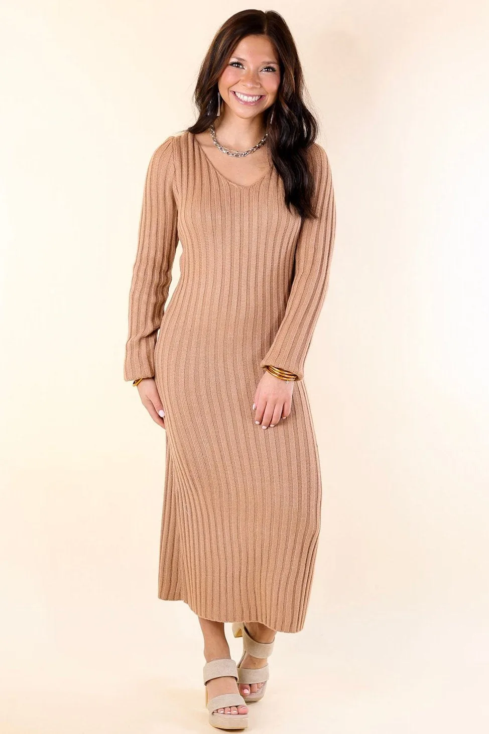 Pumpkin Spice Weather V Neck Midi Sweater Dress in Clay Nude