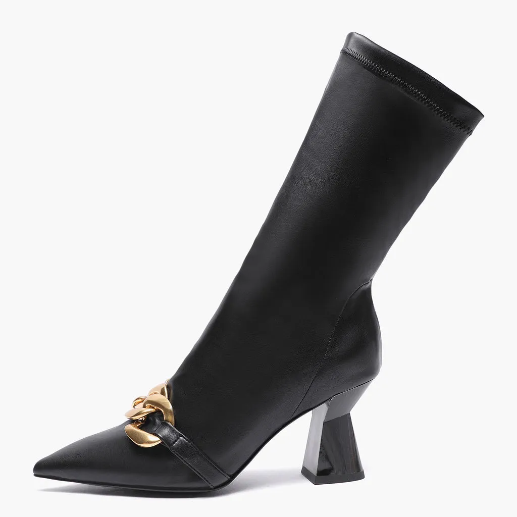 Rosalie Black Stretch Napa Pointed Heel Calf Boots