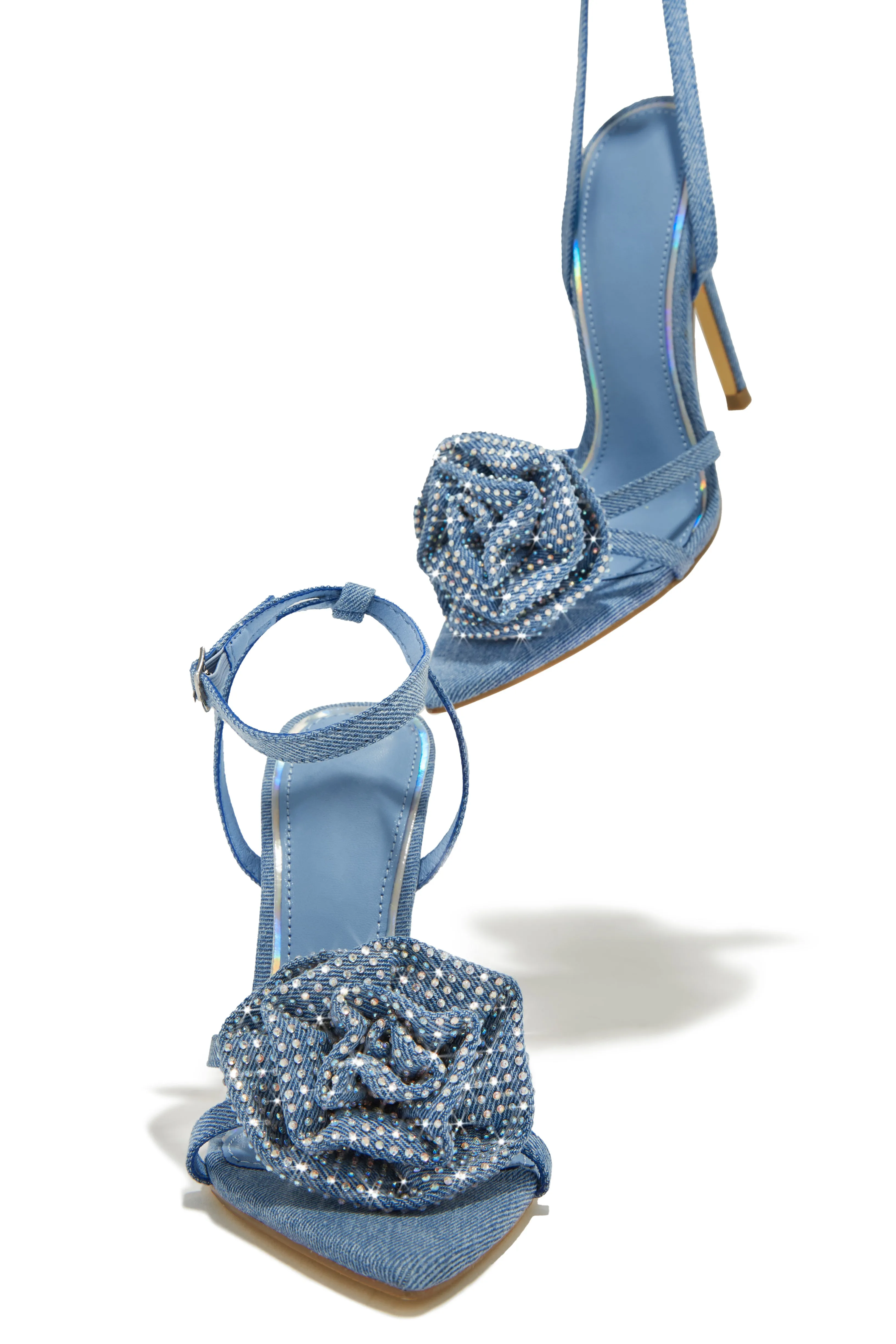 Rose Embellished Rose High Heels - Denim