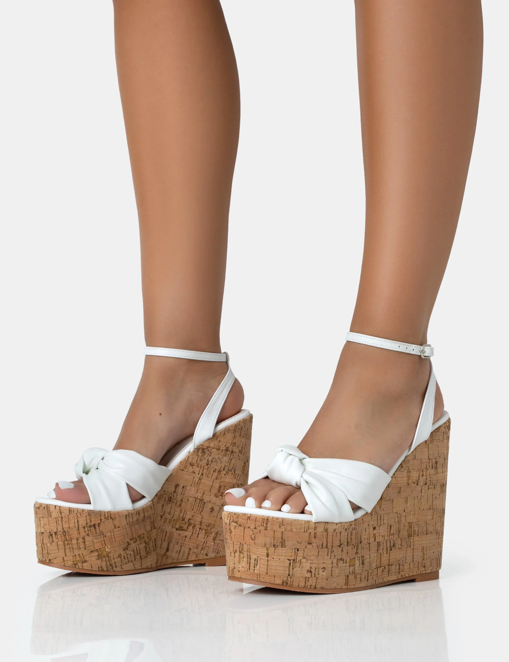 Sandy White PU Knot Strap Round Toe Cork Wedge Heels