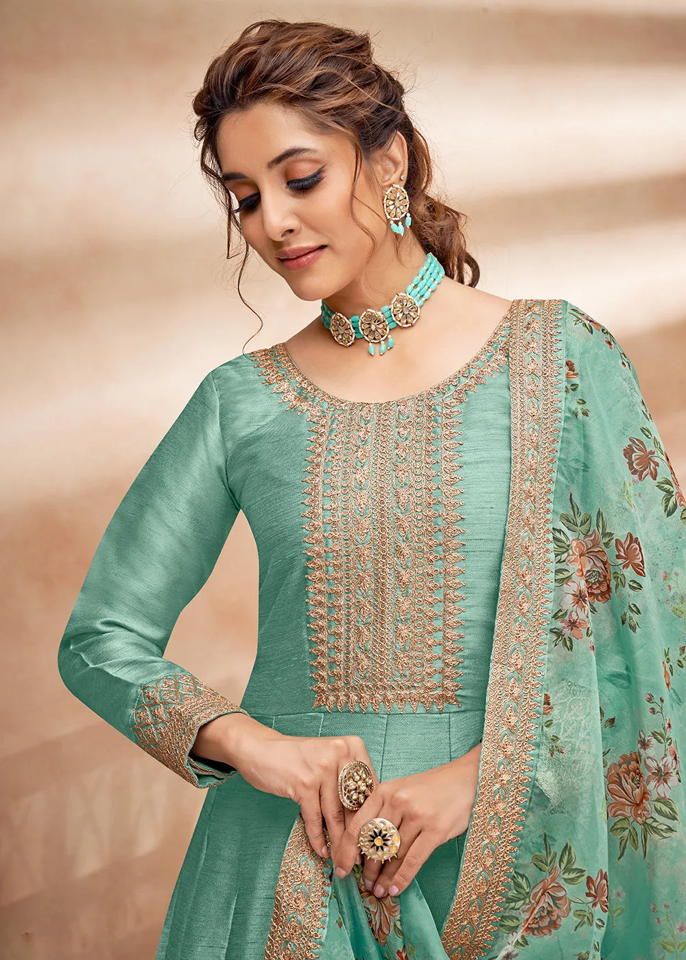 Sea Green Art Silk Embellished Wedding & Party Wear Anarkali