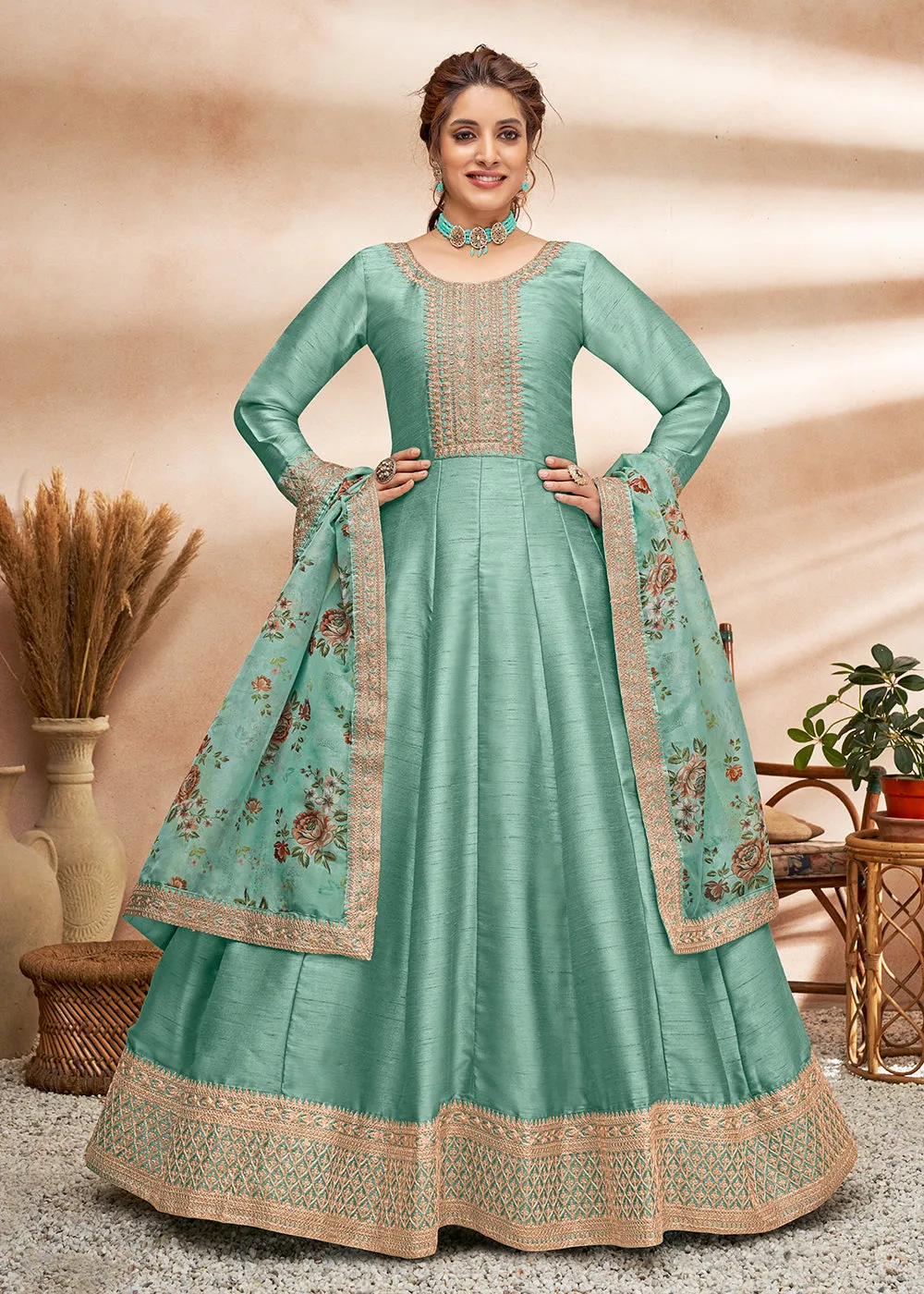 Sea Green Art Silk Embellished Wedding & Party Wear Anarkali