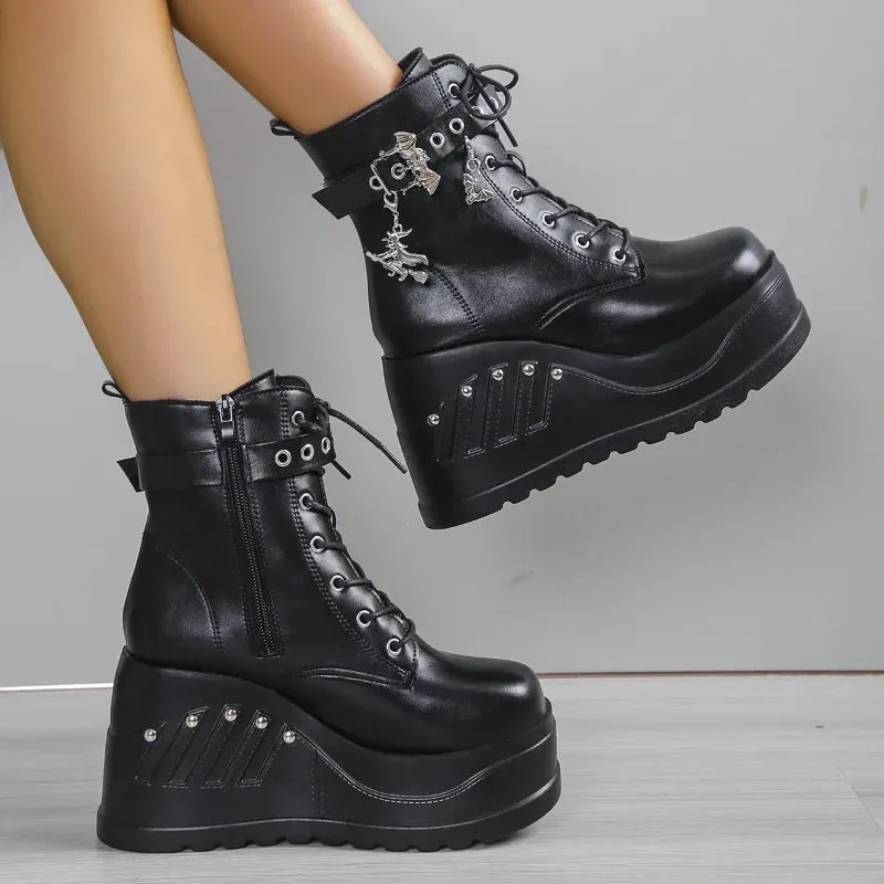 Sohiwoo New Boots for Women Fashion Hot Sale Punk Goth Platform Heels Wedge Women's Boots Casual Goth Punk Size 43 Women's Shoes