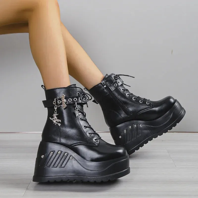 Sohiwoo New Boots for Women Fashion Hot Sale Punk Goth Platform Heels Wedge Women's Boots Casual Goth Punk Size 43 Women's Shoes