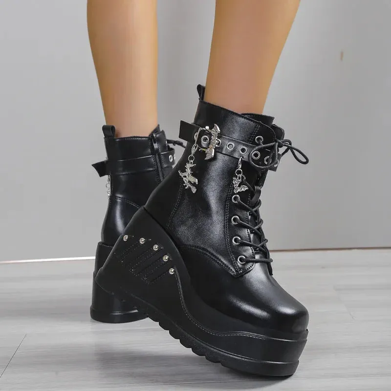 Sohiwoo New Boots for Women Fashion Hot Sale Punk Goth Platform Heels Wedge Women's Boots Casual Goth Punk Size 43 Women's Shoes