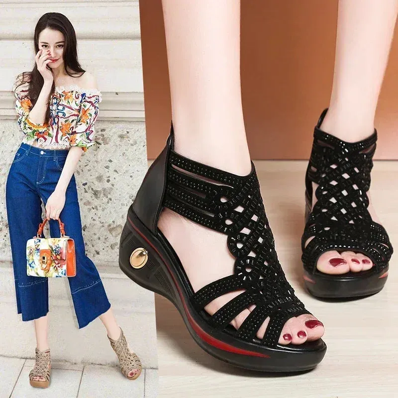 Sohiwoo New Fashion Wedge Sandals Women Summer Shoes Elegant Ladies Rome Hollow Out Sandals Female Sandalias Black Wedge Heels