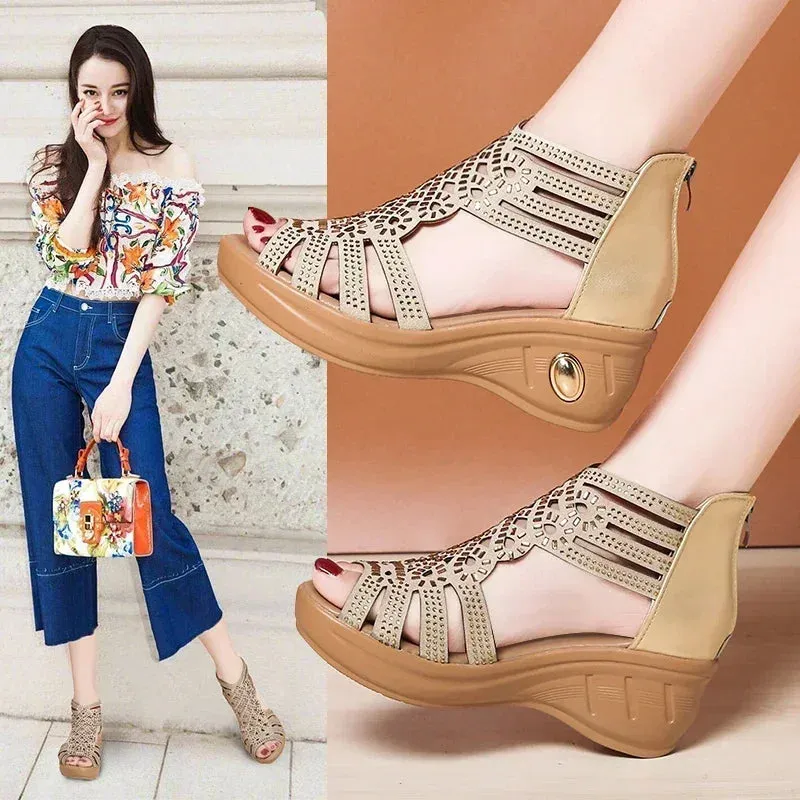 Sohiwoo New Fashion Wedge Sandals Women Summer Shoes Elegant Ladies Rome Hollow Out Sandals Female Sandalias Black Wedge Heels