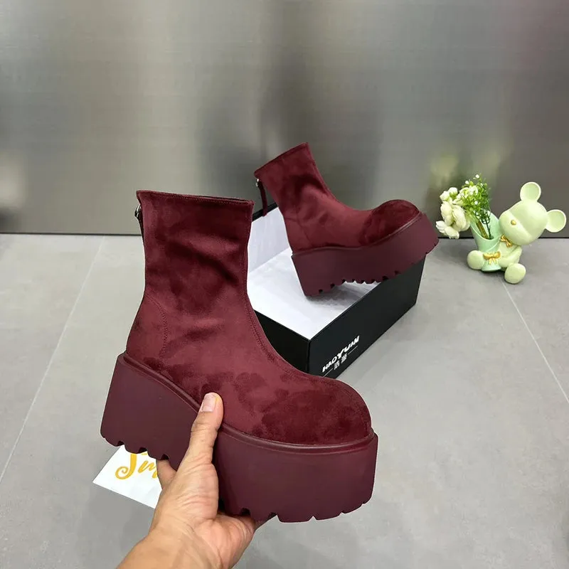 Sohiwoo Winter Women Stretch Modern Boots Casual Short Booties Ladies Platform Wedges High Heels Shoes