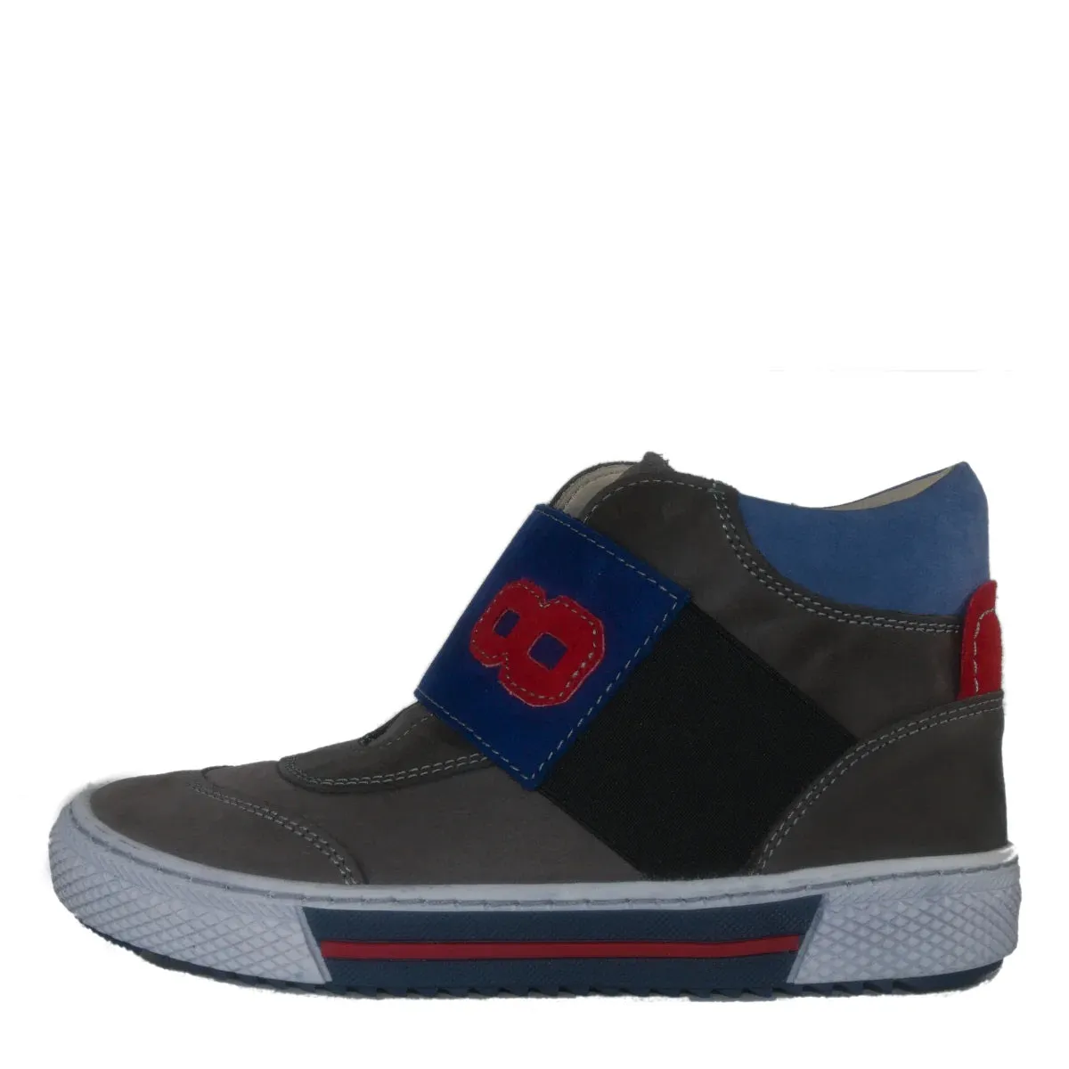 Szamos Kid Boy High-Top Shoes Grey With Wide Blue Stretchy Strap And Side Zipper - Made In Europe