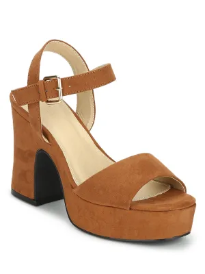 Tan Micro Wooden Platform Block Heels