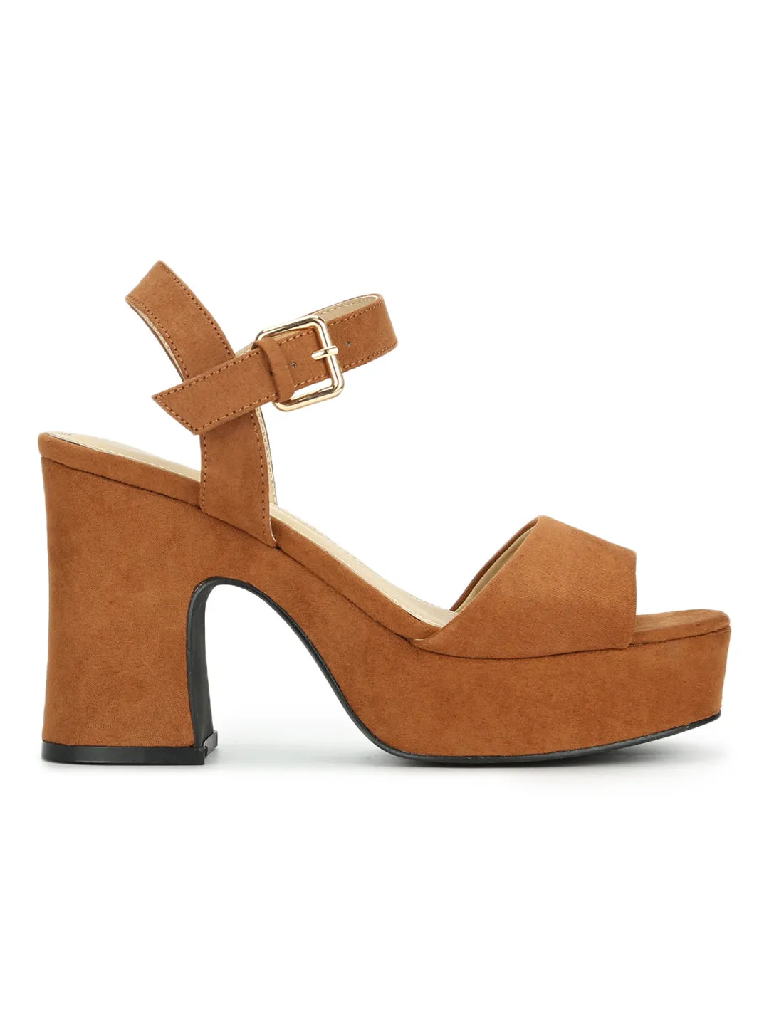 Tan Micro Wooden Platform Block Heels