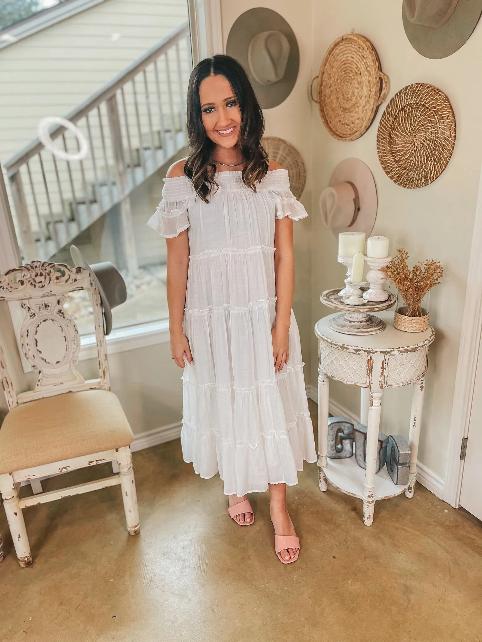 Tulum Travels Ruffle Tiered Off the Shoulder Midi Dress in White