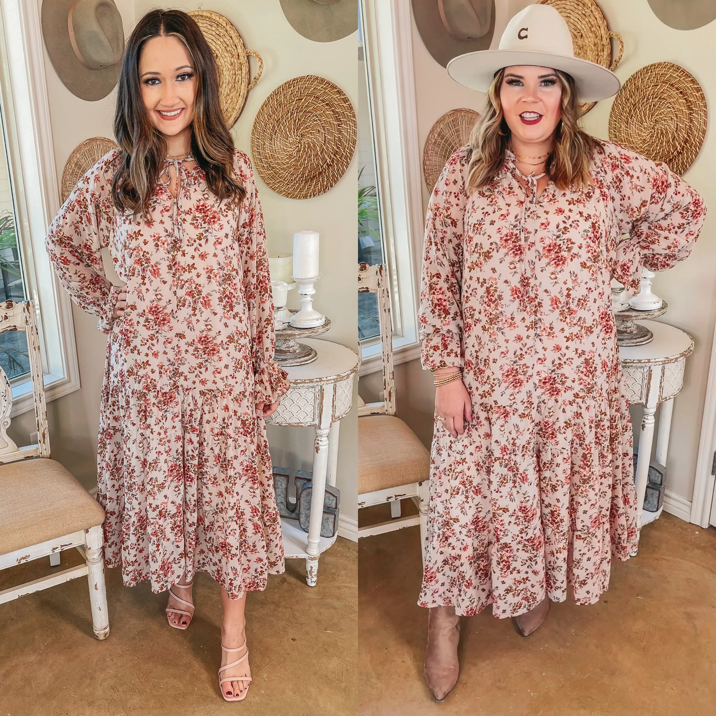 Tuscan Nights Long Sleeve High Neck Floral Midi Dress in Ivory