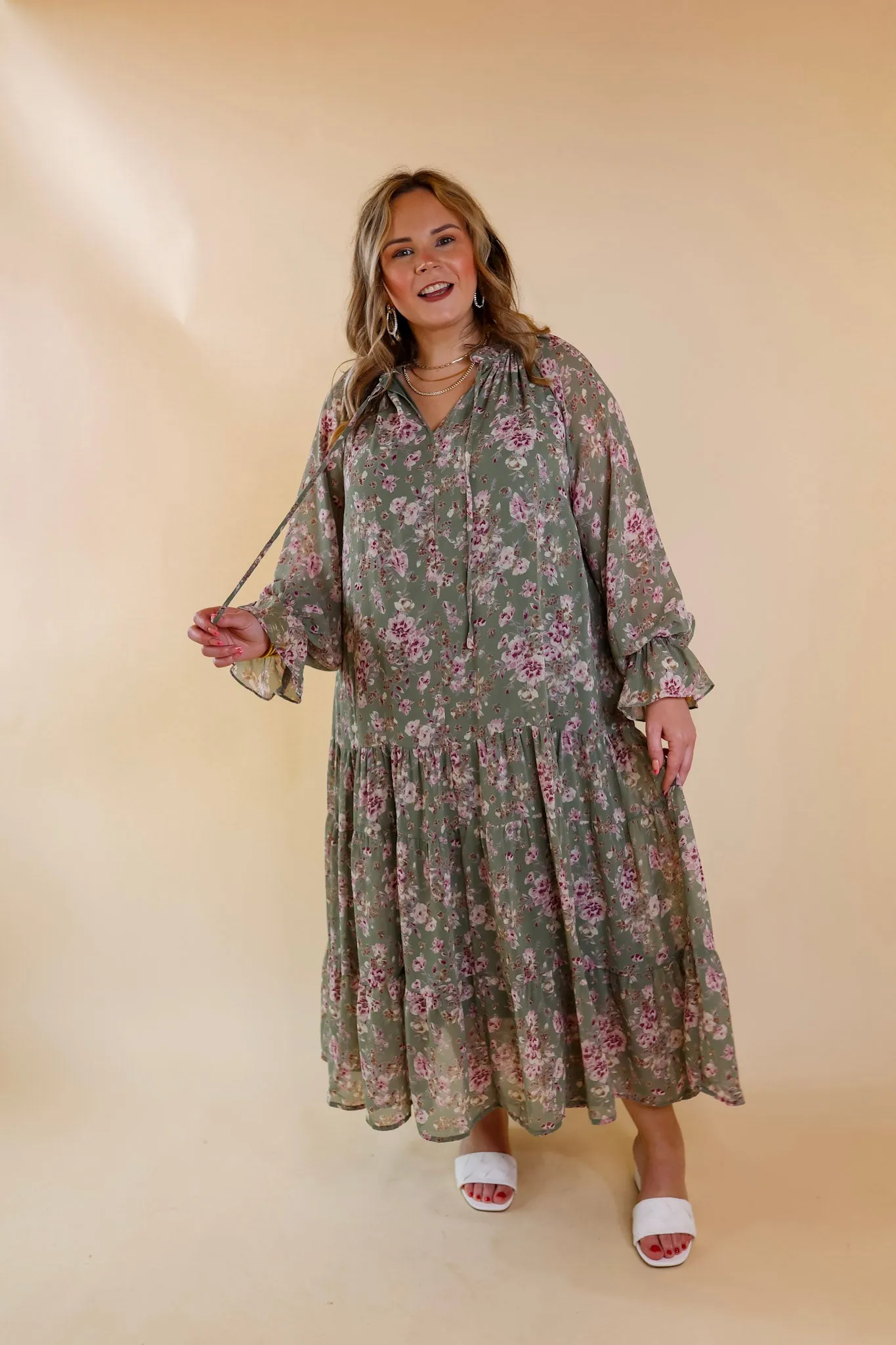 Tuscan Nights Long Sleeve High Neck Floral Midi Dress in Sage