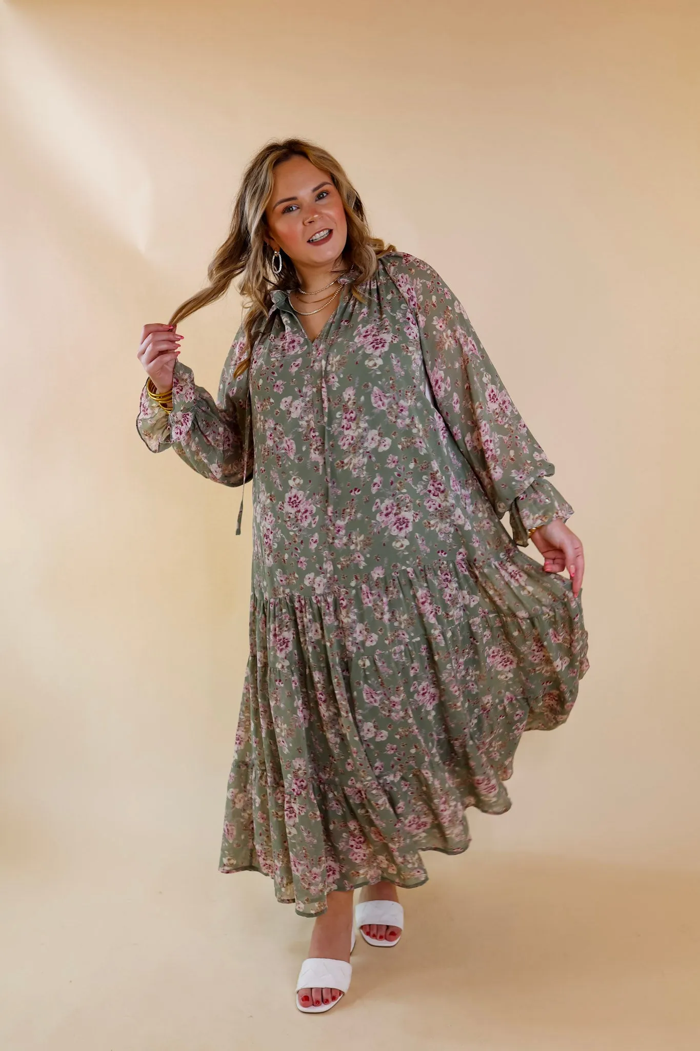 Tuscan Nights Long Sleeve High Neck Floral Midi Dress in Sage