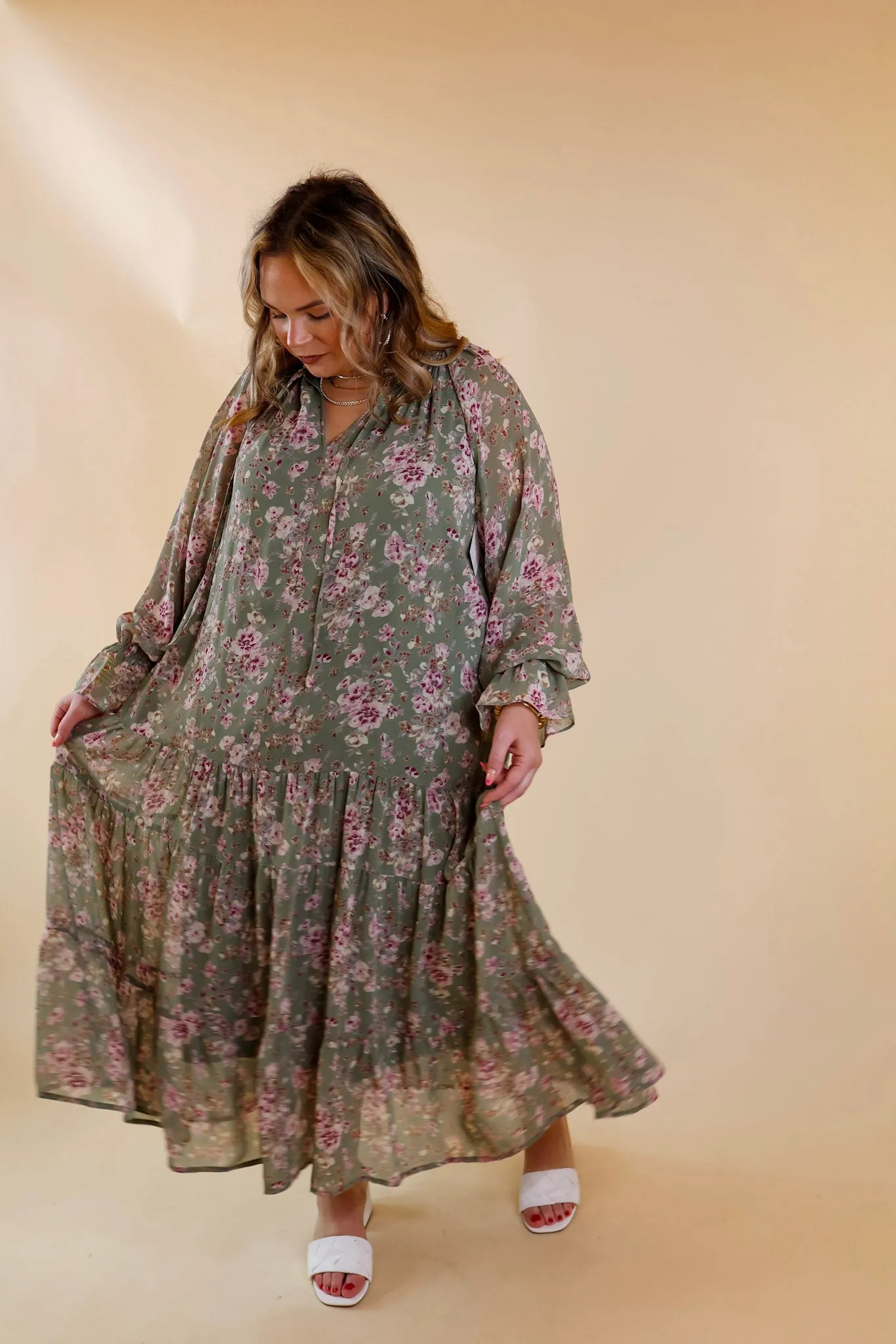 Tuscan Nights Long Sleeve High Neck Floral Midi Dress in Sage