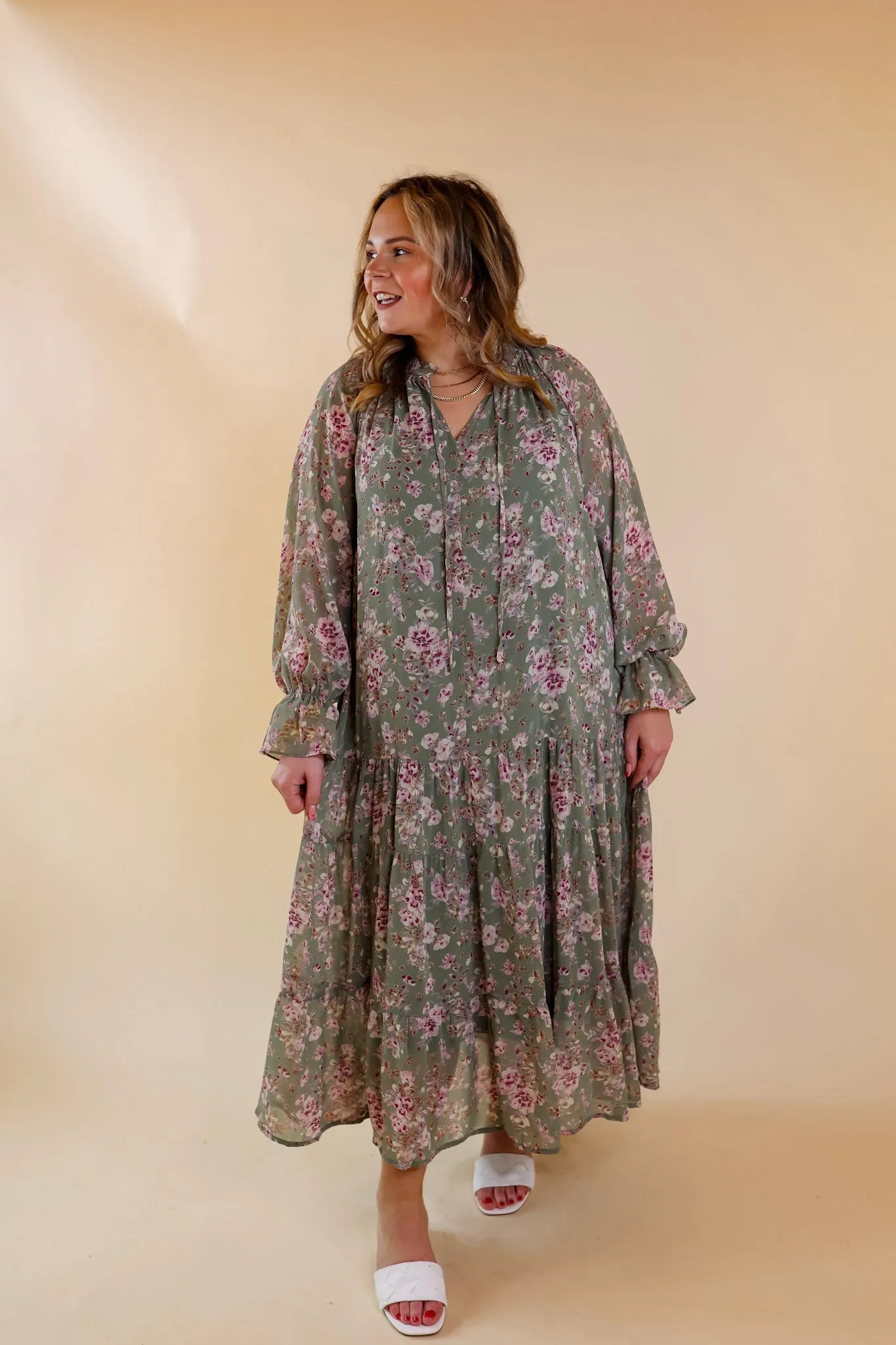 Tuscan Nights Long Sleeve High Neck Floral Midi Dress in Sage