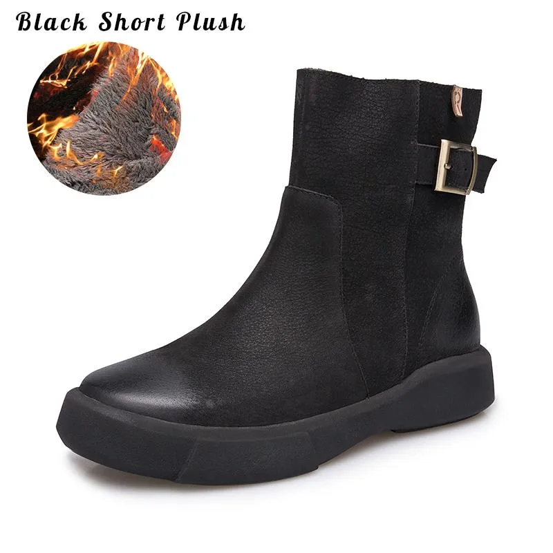 Waxing Leather Ankle Boots Back Buckle Decorate Black/Coffee