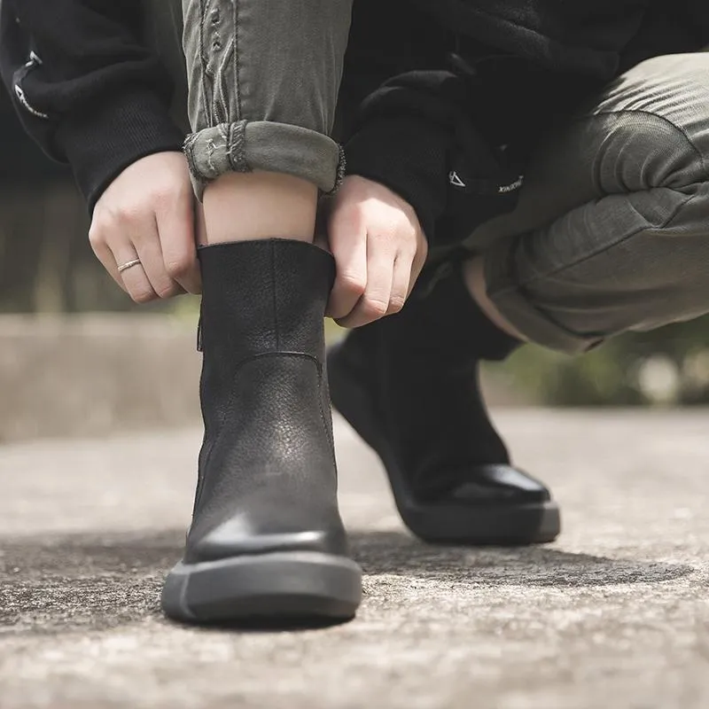 Waxing Leather Ankle Boots Back Buckle Decorate Black/Coffee