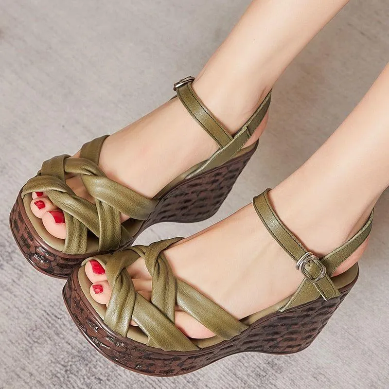 Weave Open Toe Leather Wedges Sandals Women's Casual Shoes GCSK26